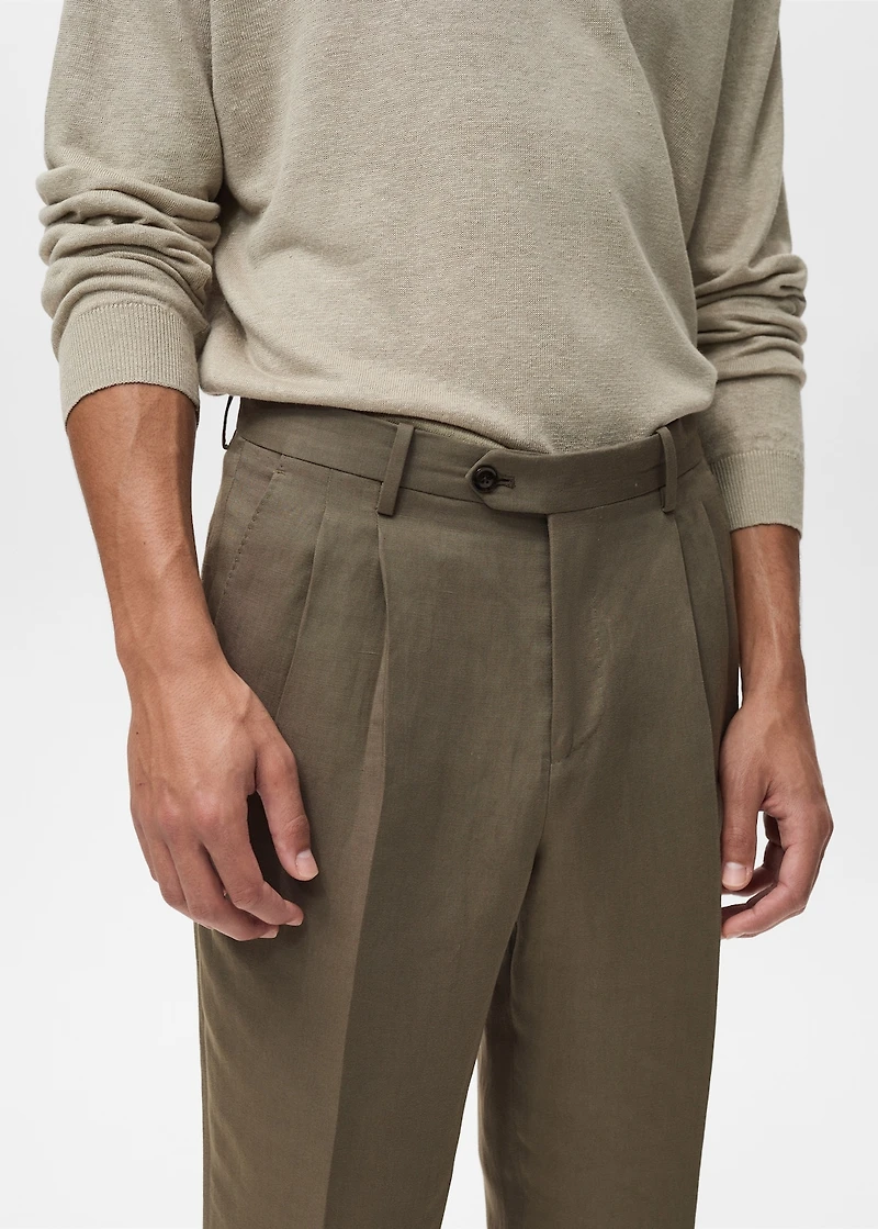 Slim-fit linen-blend pleated pants