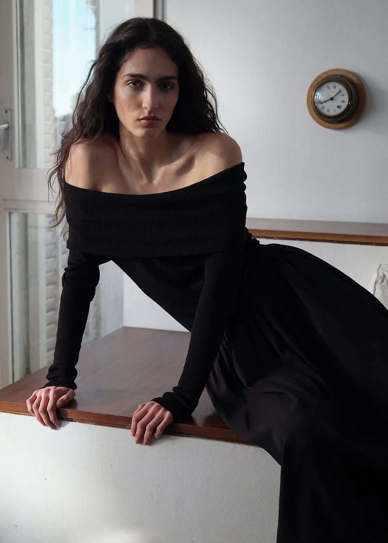 Off-the-shoulder dress combined fabric