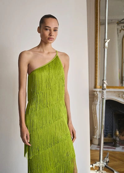 Asymmetrical fringed midi-dress