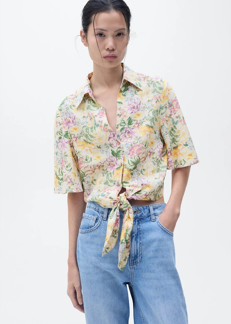 Floral linen shirt with knot detail
