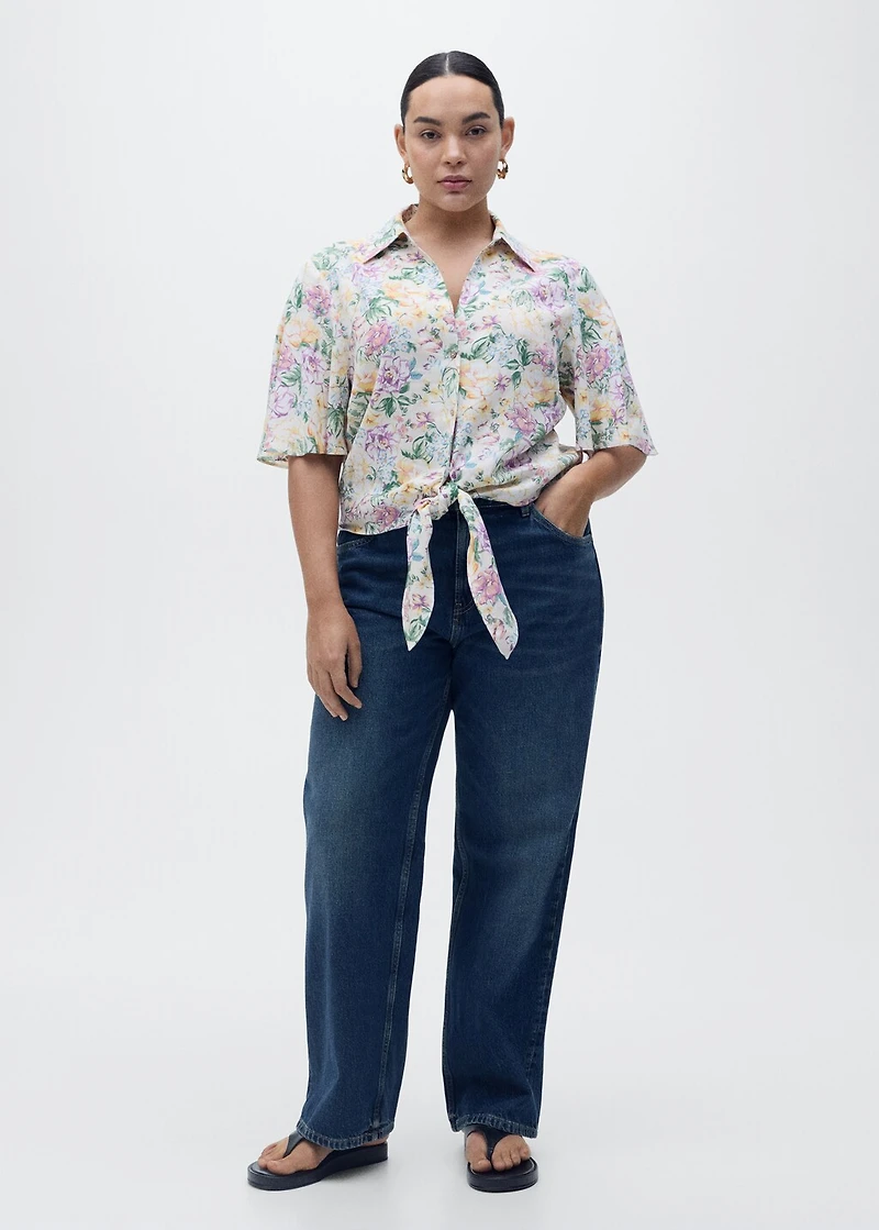 Floral linen shirt with knot detail