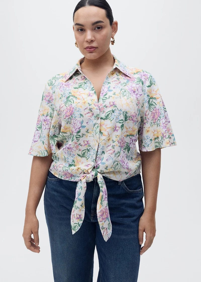 Floral linen shirt with knot detail