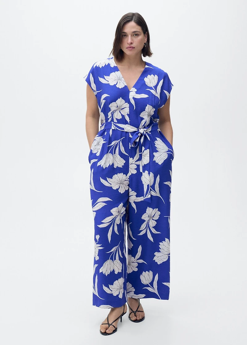 Printed long jumpsuit with belt