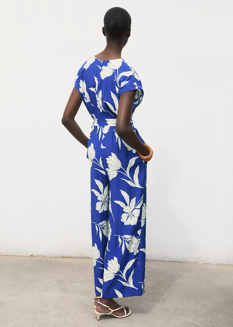 Printed long jumpsuit with belt
