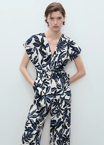 Printed linen jumpsuit with belt