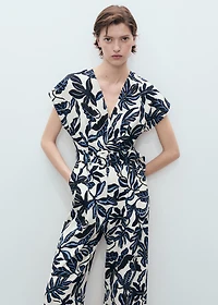 Printed linen jumpsuit with belt