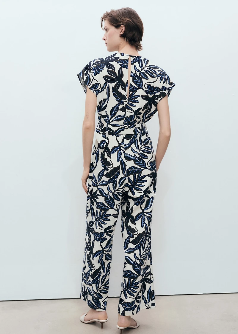 Printed linen jumpsuit with belt
