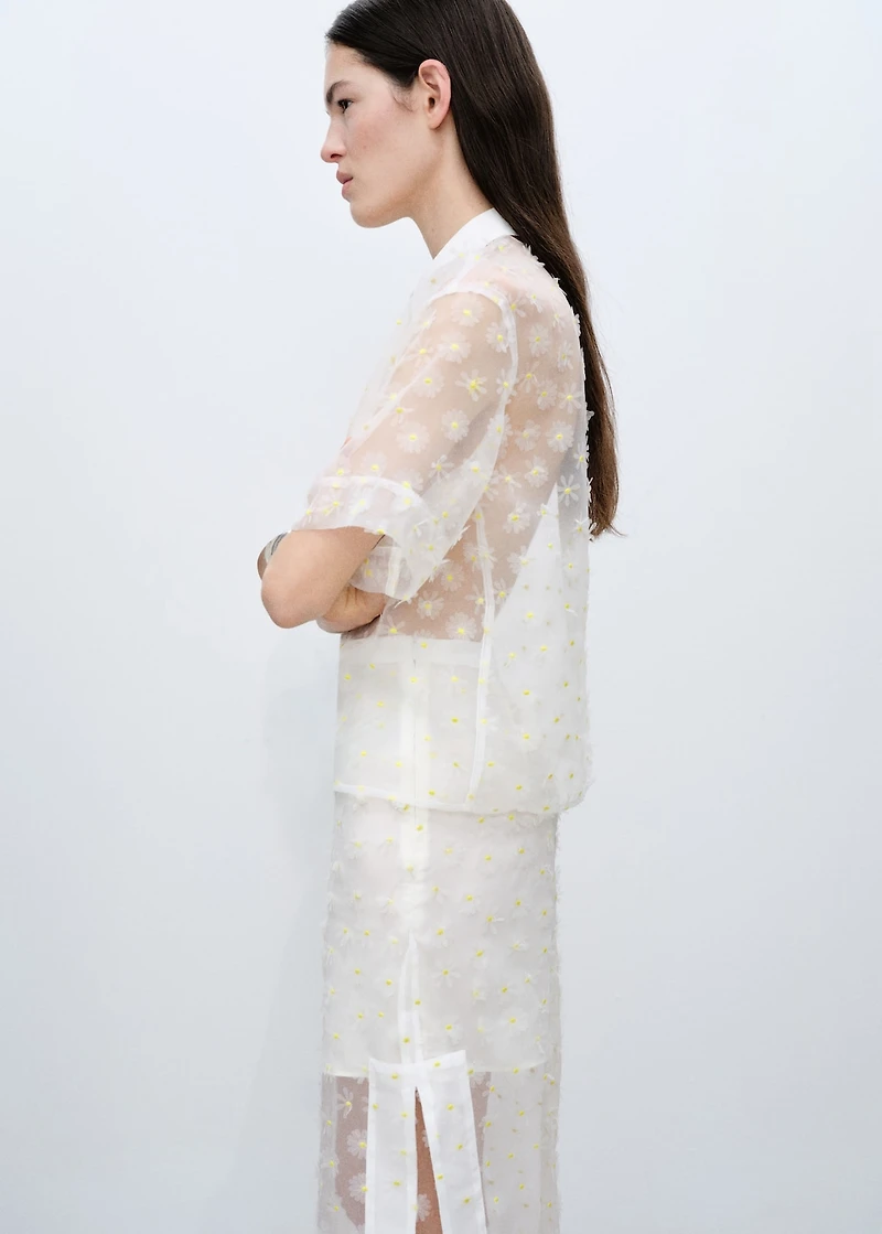 Semi-transparent floral-embroidered shirt