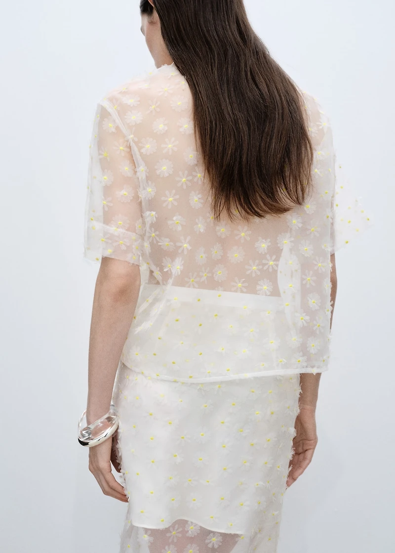 Semi-transparent floral-embroidered shirt