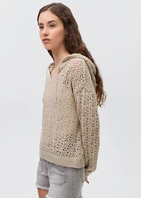 Knitted sweater with hood and lace pattern