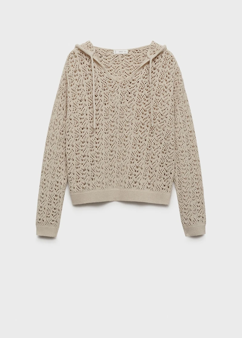 Knitted sweater with hood and lace pattern