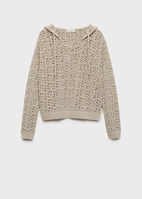 Knitted sweater with hood and lace pattern