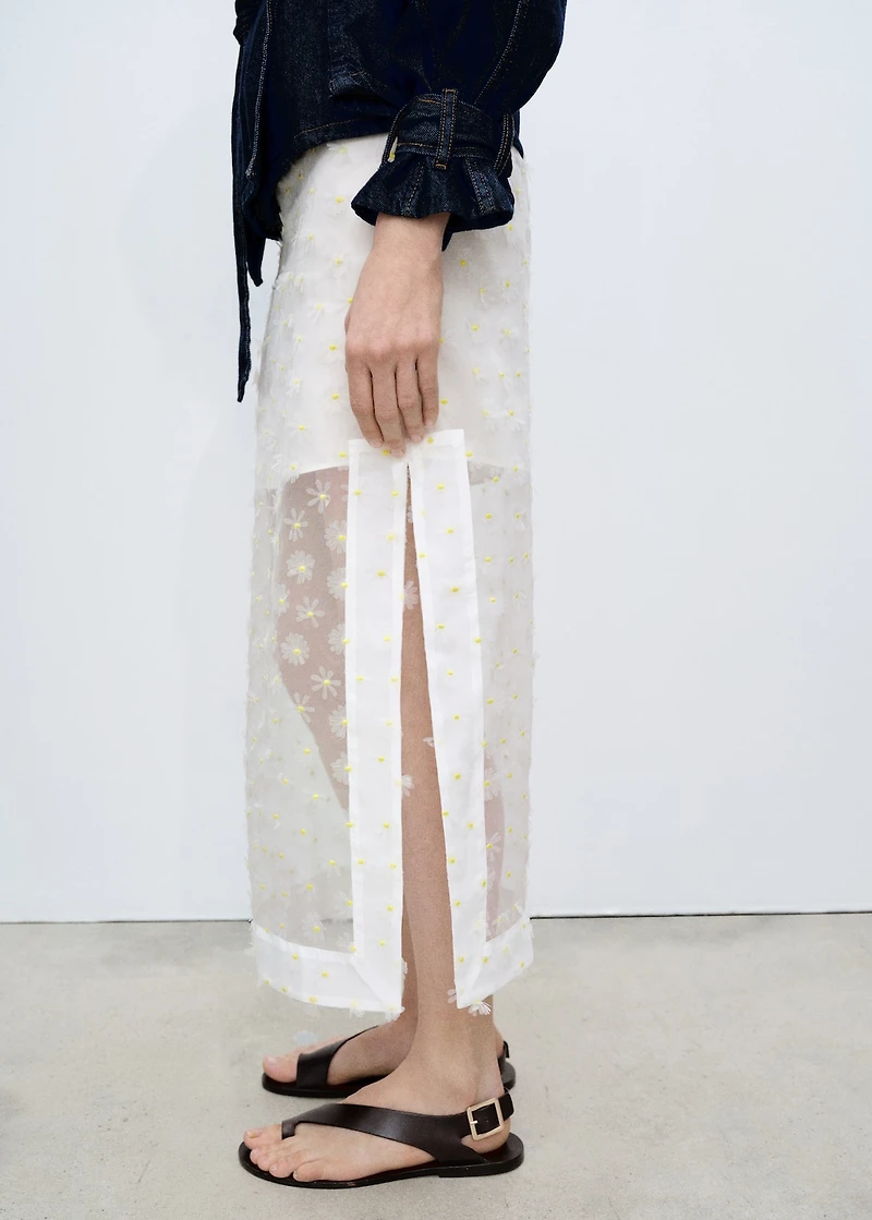 Semi-transparent floral-embroidered skirt
