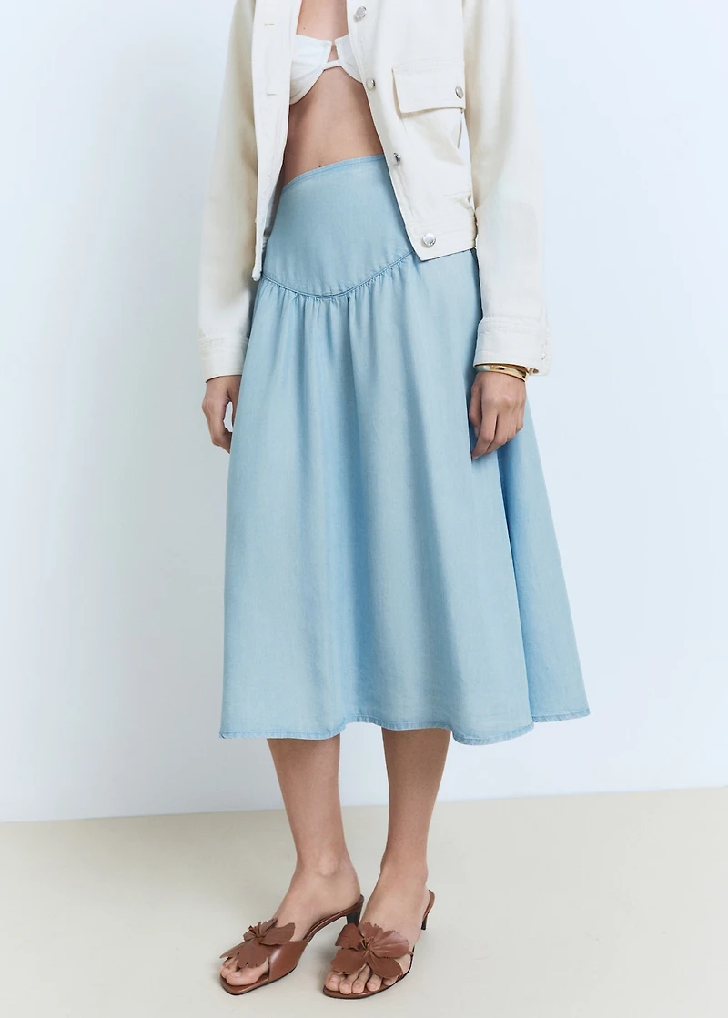 Soft denim midi-skirt with gathered detail