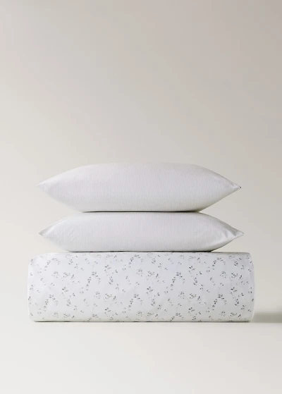 Percale cotton floral and fine-stripe reversible duvet cover for 90 cm bed