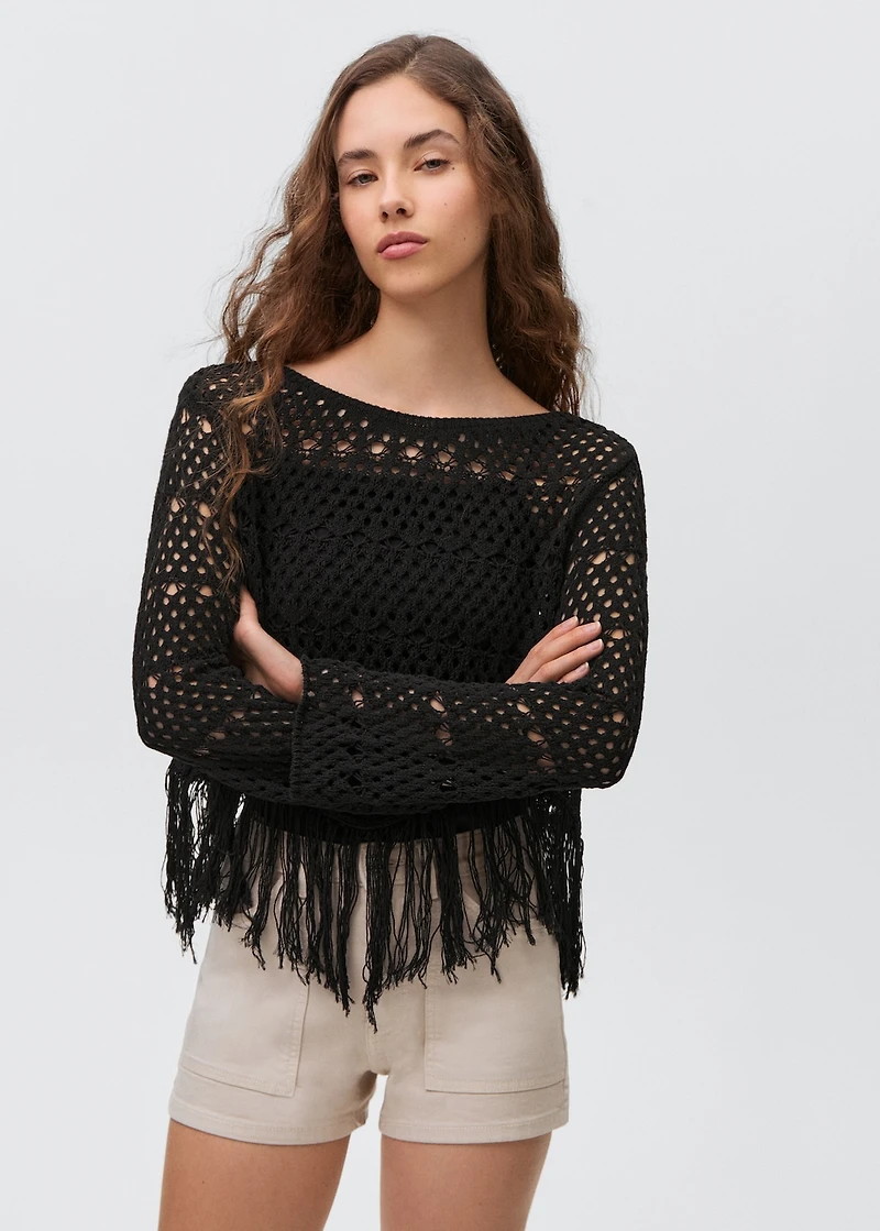 Fringed detail sweater with lace accents