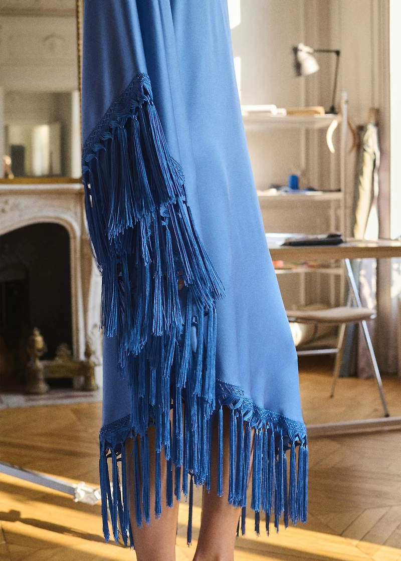 Asymmetrical satin dress with fringes