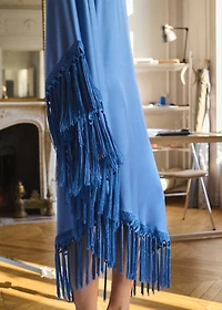 Asymmetrical satin dress with fringes
