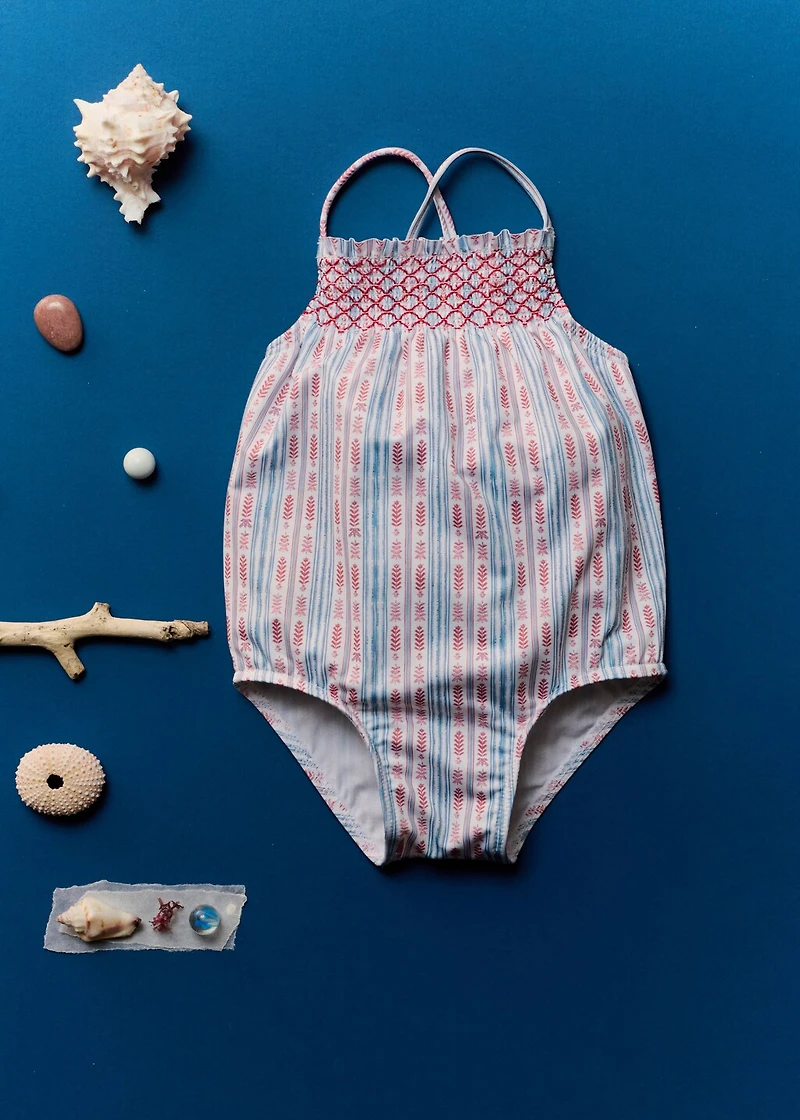 Striped ruffled swimming costume