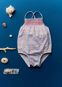 Striped ruffled swimming costume