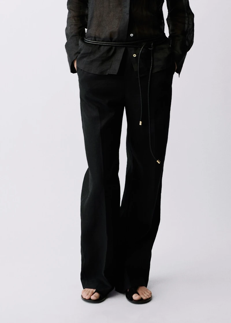 Straight-fit linen pants with bow