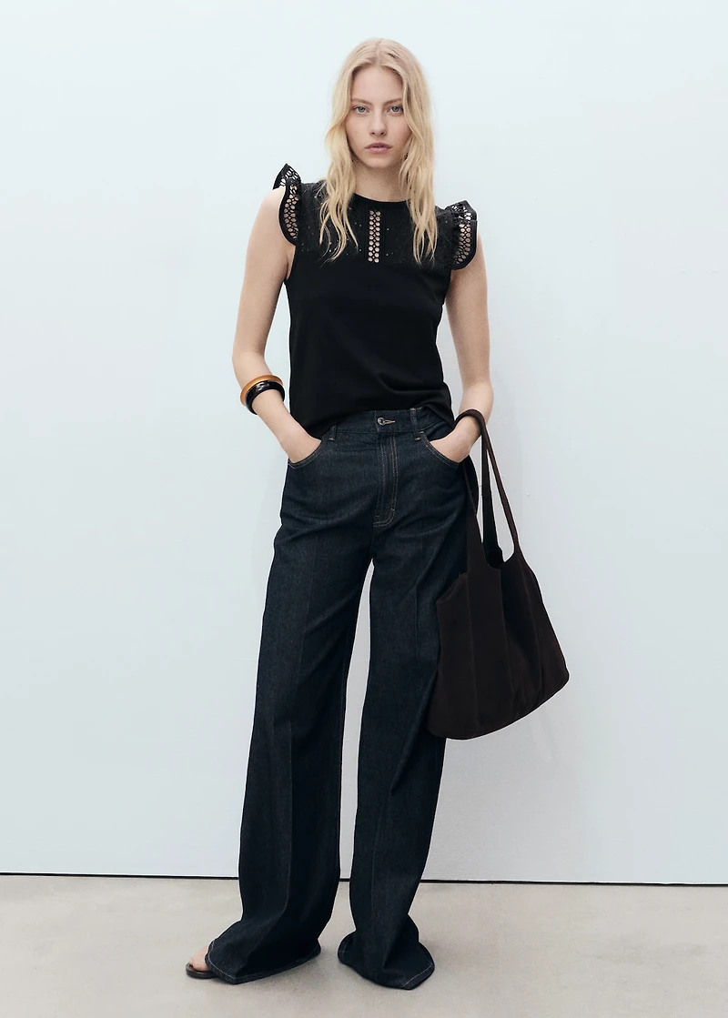 Cotton top with lace neckline