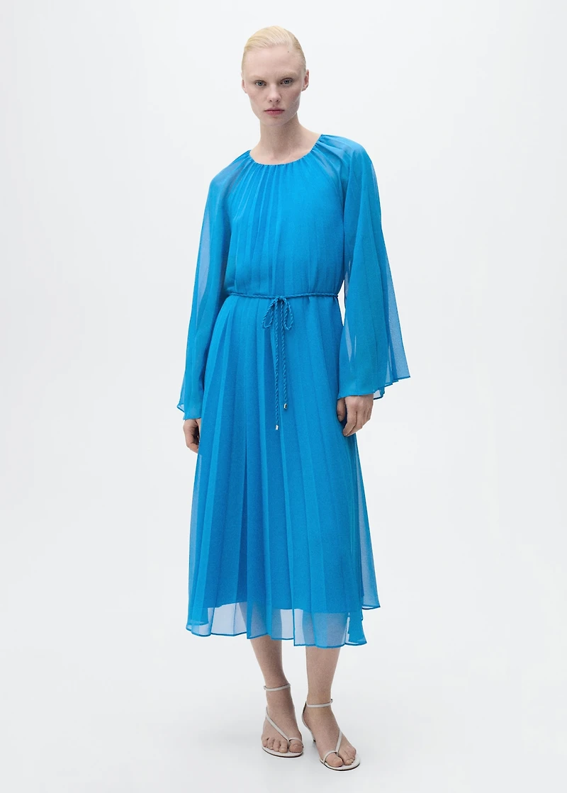 Flared-sleeve pleated dress