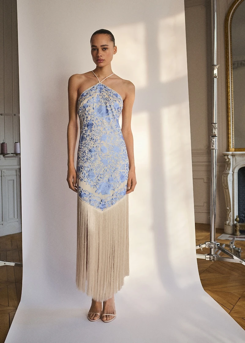 Floral-embroidered dress with fringe detail
