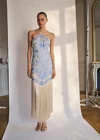 Floral-embroidered dress with fringe detail