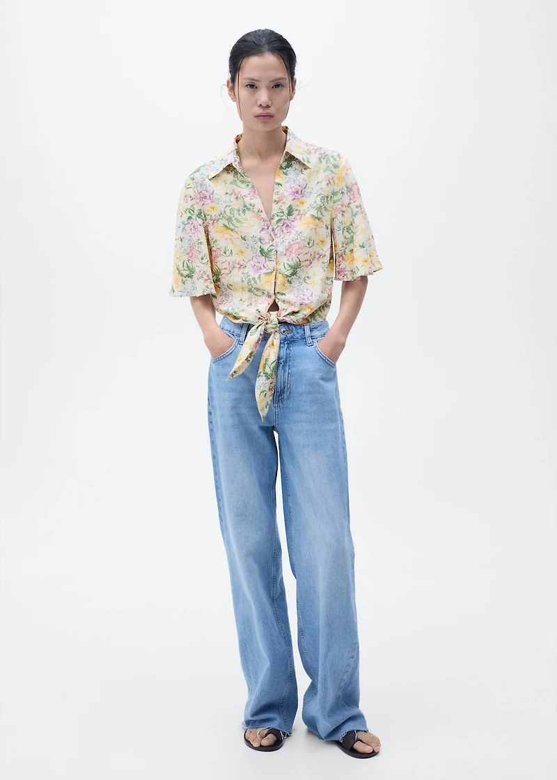 Floral linen shirt with knot detail