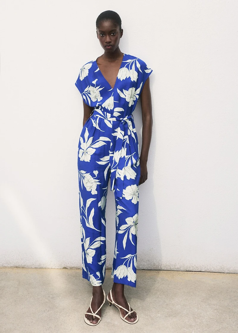 Printed long jumpsuit with belt