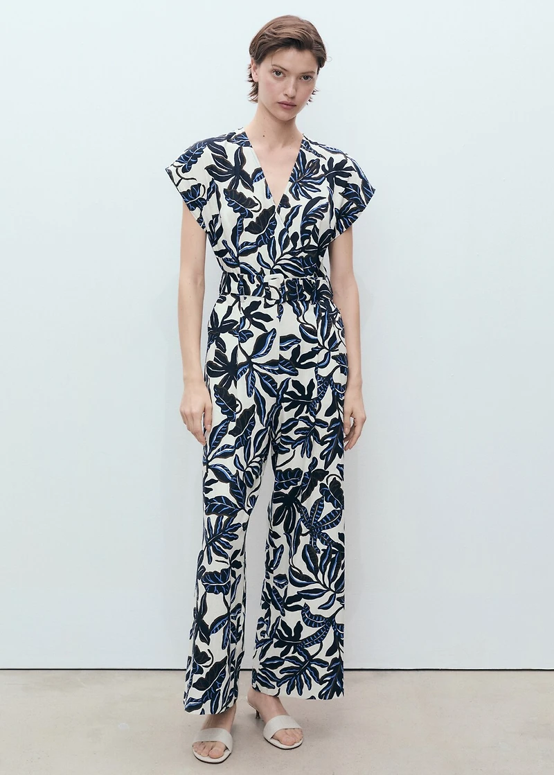 Printed linen jumpsuit with belt