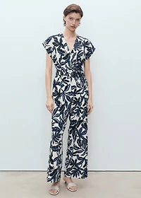 Printed linen jumpsuit with belt