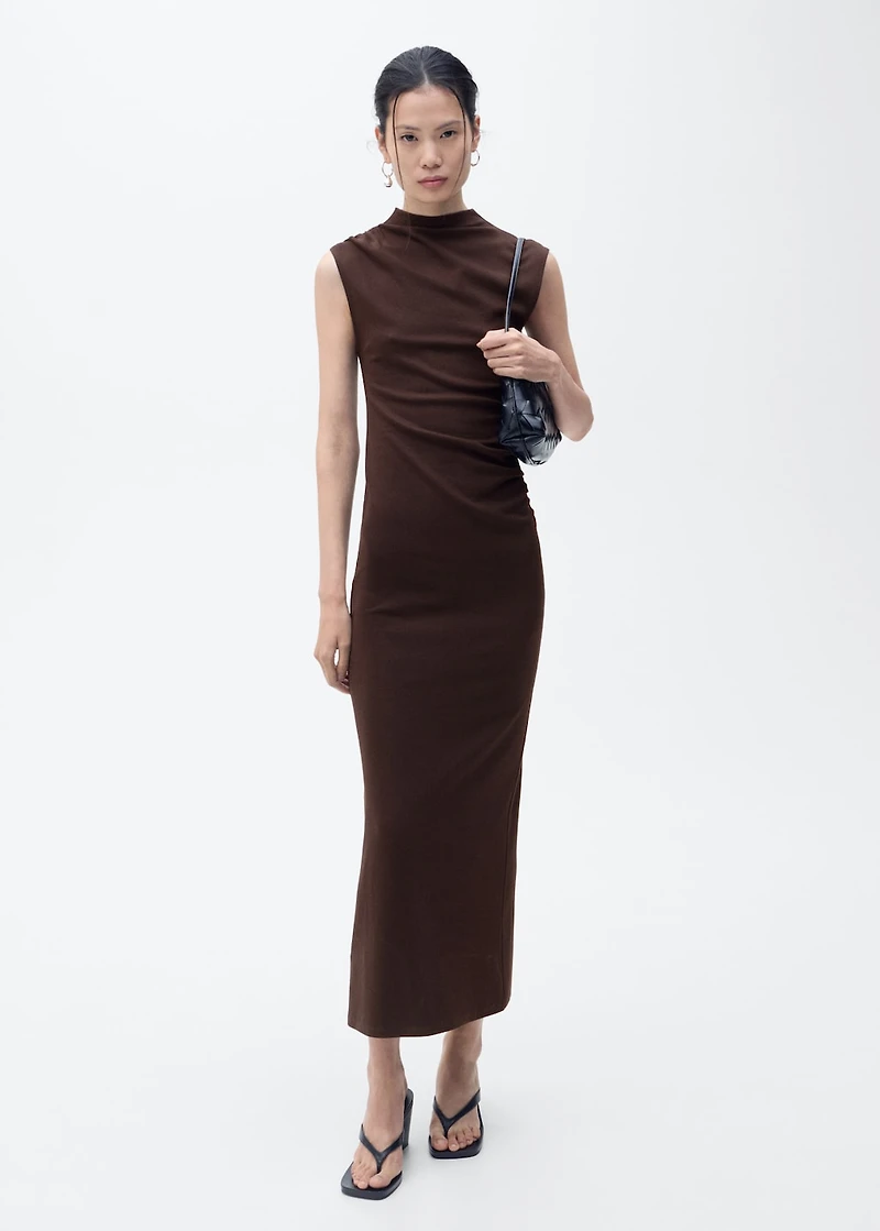 Draped dress with perkins collar
