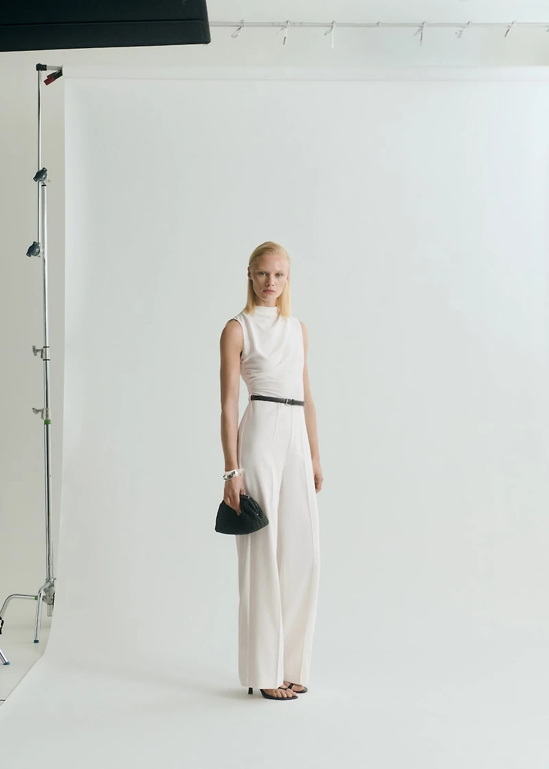 Long jumpsuit with draped neck and belt