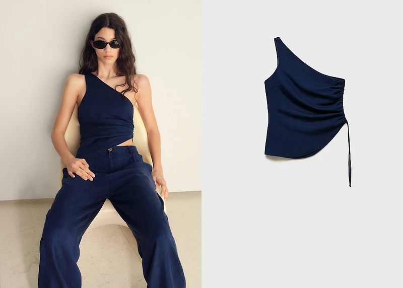 Denim-effect top with gathered side