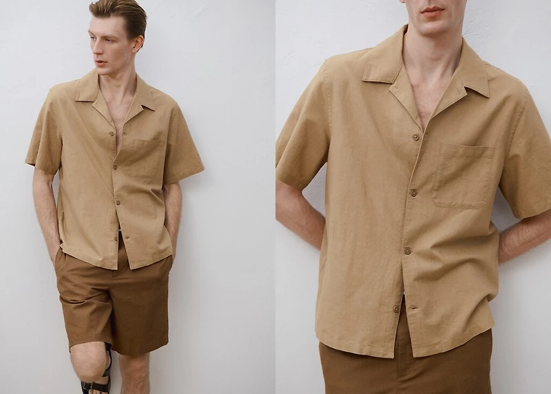 Linen shirt with bowling collar and pocket