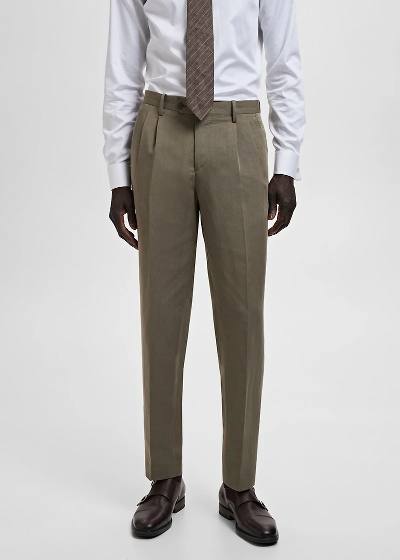 Slim-fit linen-blend pleated pants