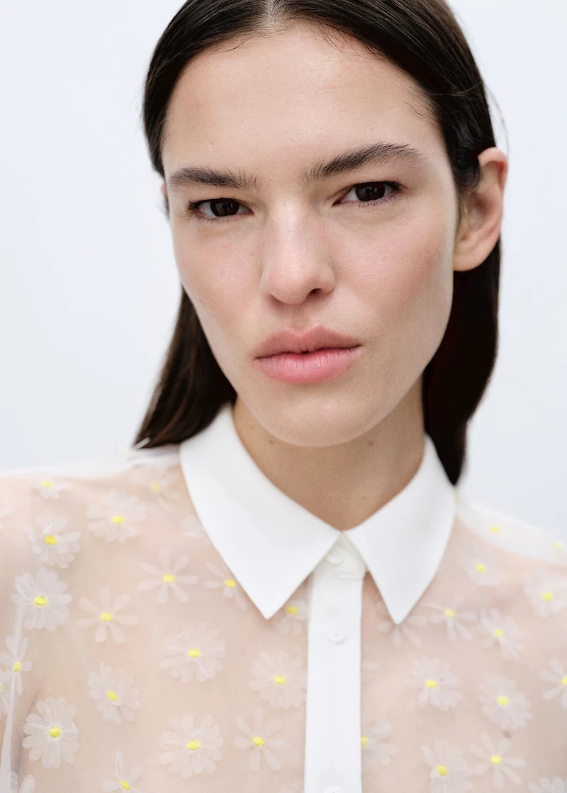 Semi-transparent floral-embroidered shirt