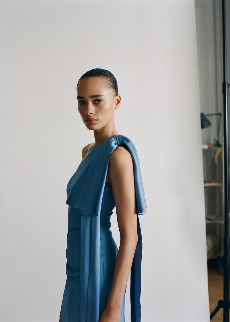 Draped satin dress with bow detail