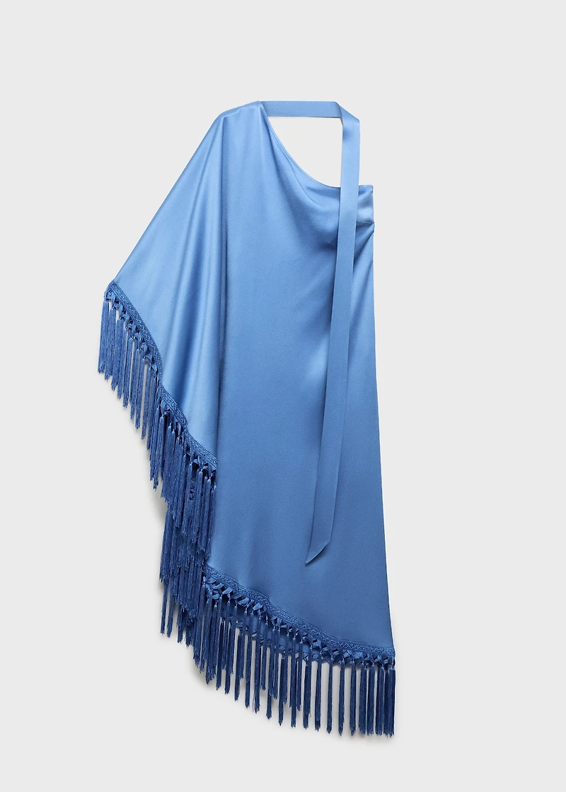 Asymmetrical satin dress with fringes