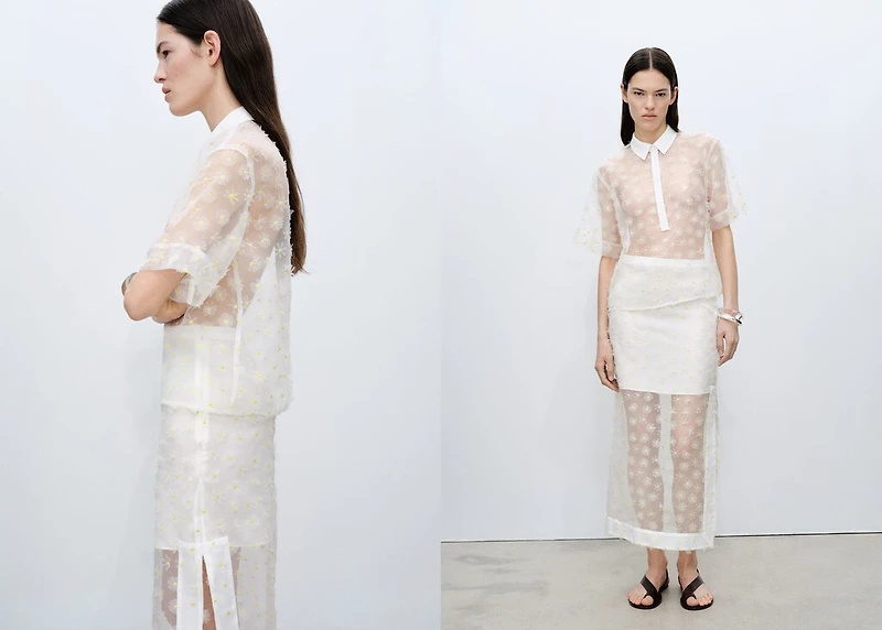 Semi-transparent floral-embroidered shirt