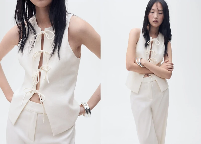 Linen-blend top with bow