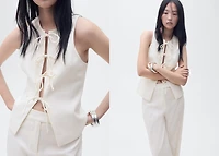 Linen-blend top with bow