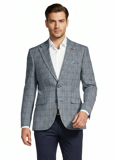 Cotton/Linen Large Check Blazer - Navy