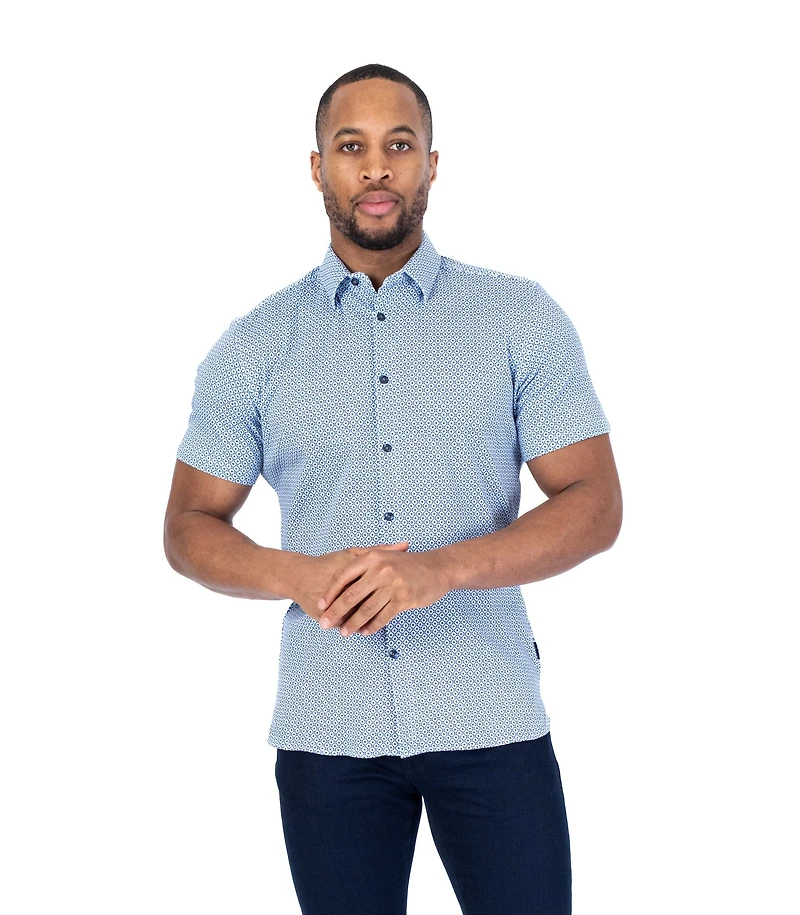 Short-Sleeve Cotton/Stretch Mini Floral Sport Shirt - Blue / White