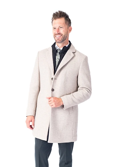 Wool 36" Double-Collar Twill Topcoat - Beige