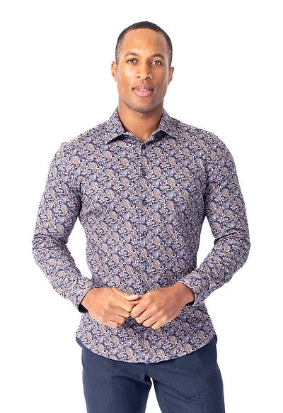 Cotton/Stretch Paisley Knit Sport Shirt - Navy