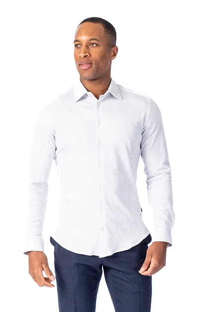 Cotton/Stretch Tonal Paisley Knit Sport Shirt - Light Grey