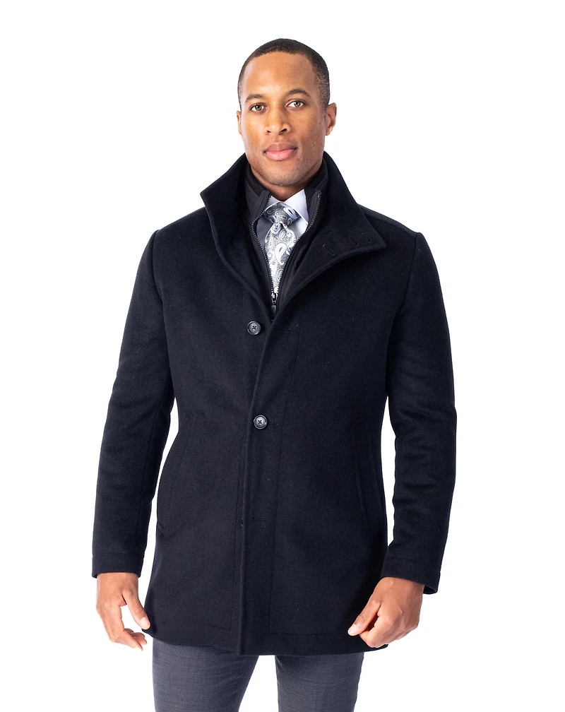 Wool/Cashmere Stand Up Collar Topcoat - Black